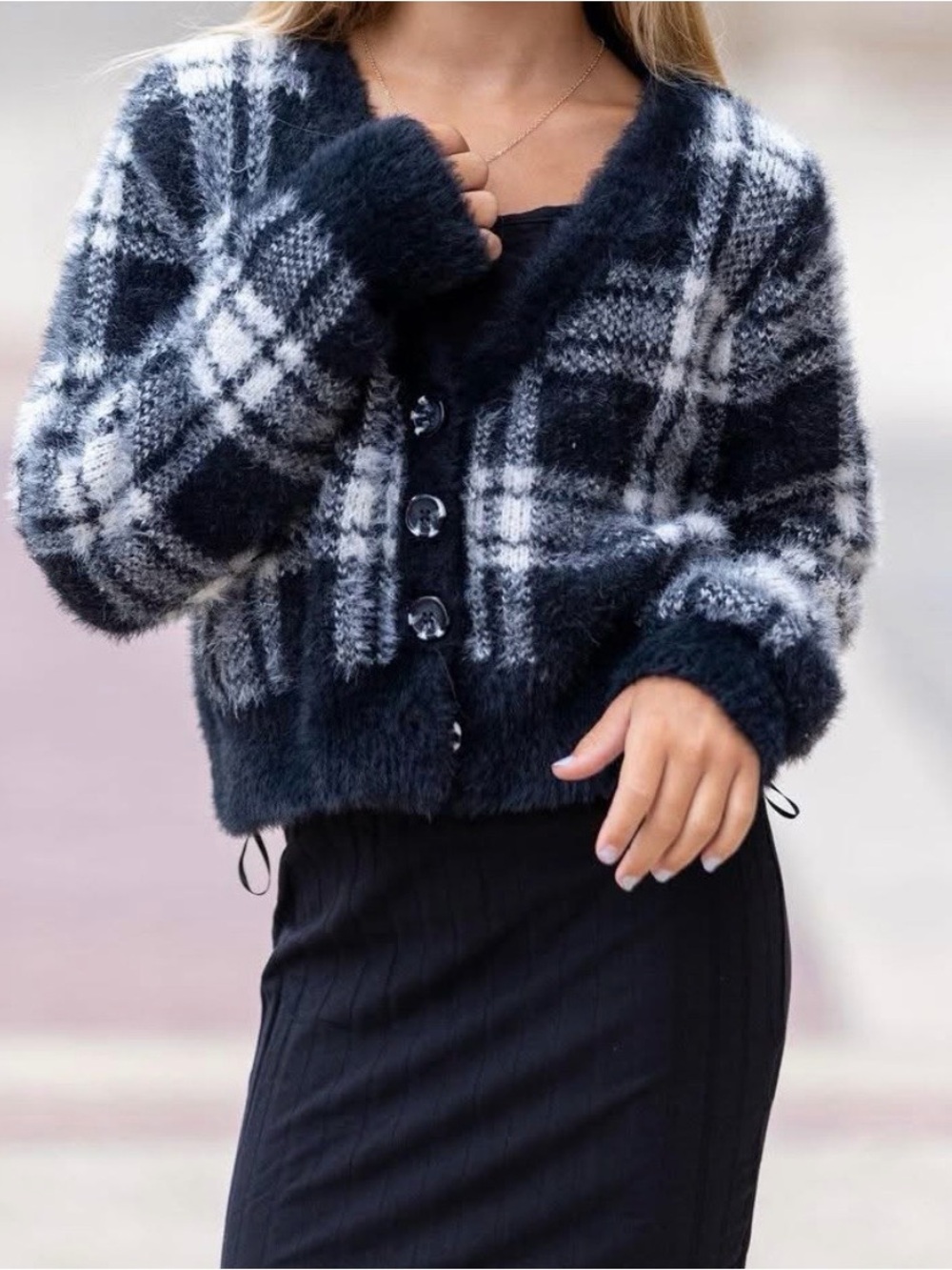 SO Fuzzy Cropped Plaid V-Neck Cardigan Sweater in Black and White